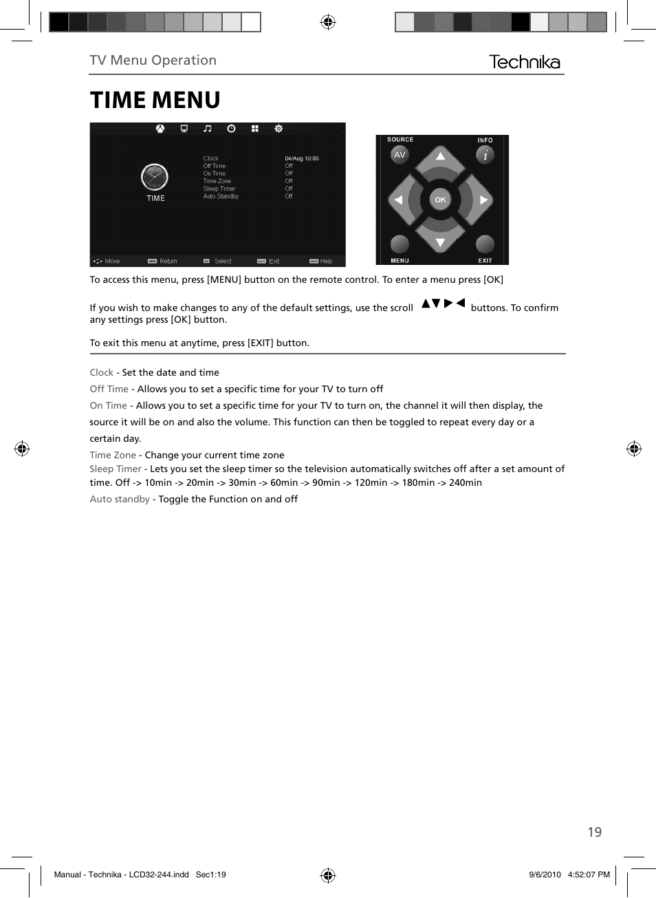 Time menu, 19 tv menu operation | Technika LCD 32-244 User Manual | Page 18 / 31