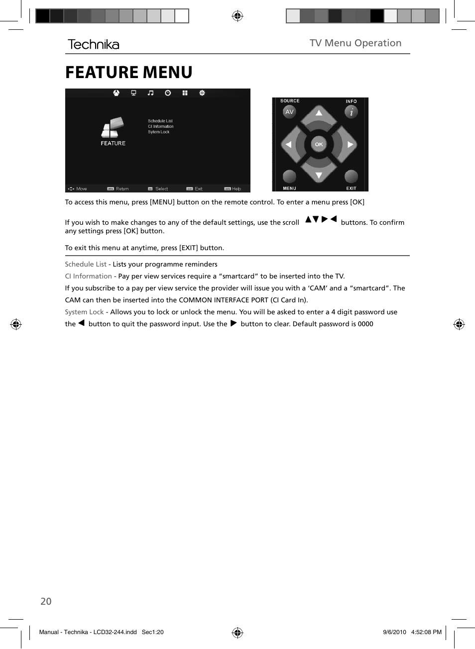 Feature menu, 20 tv menu operation | Technika LCD 32-244 User Manual | Page 19 / 31