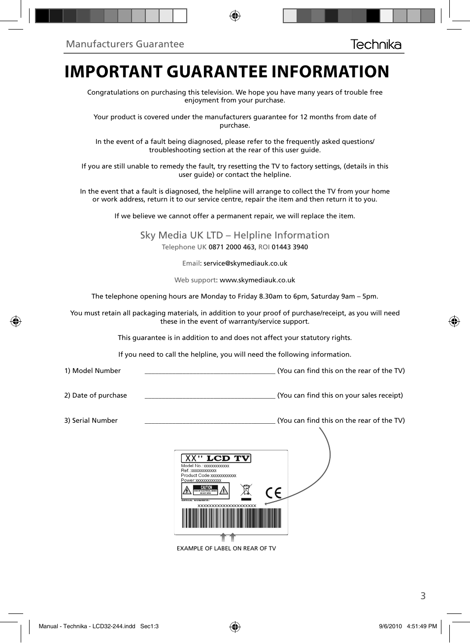 Important guarantee information, Sky media uk ltd – helpline information, Manufacturers guarantee | Technika LCD 32-244 User Manual | Page 2 / 31