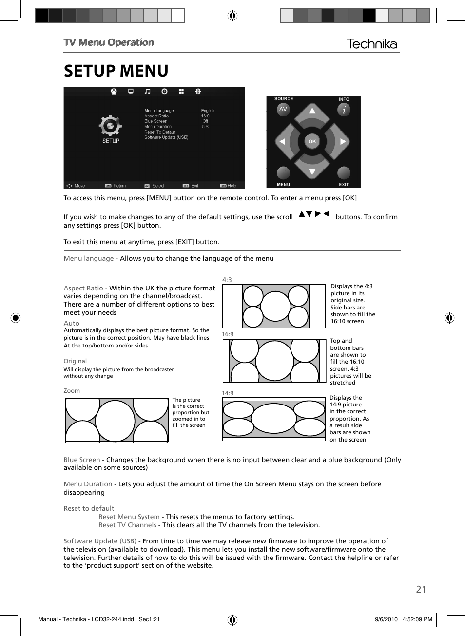 Setup menu, 21 tv menu operation, Tv menu operation | Technika LCD 32-244 User Manual | Page 20 / 31