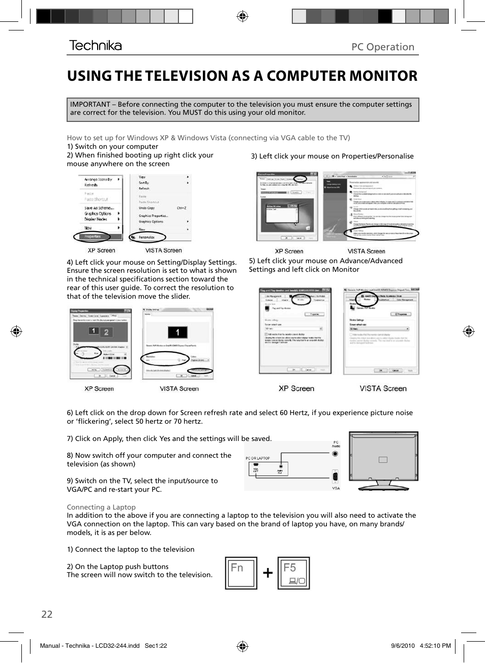 Using the television as a computer monitor, 22 pc operation | Technika LCD 32-244 User Manual | Page 21 / 31