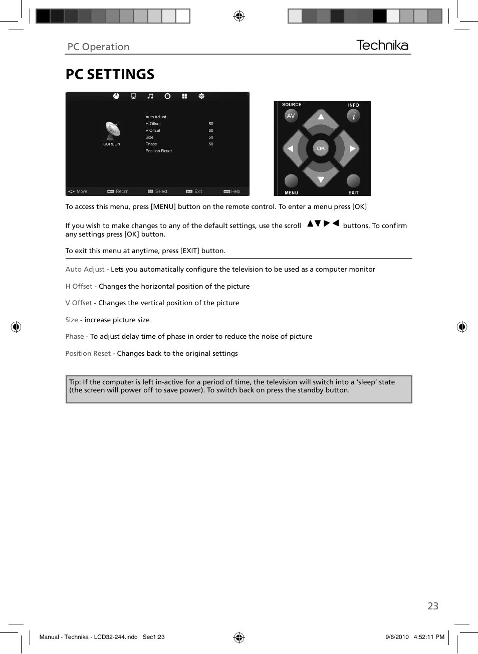 Pc settings, Pc operation | Technika LCD 32-244 User Manual | Page 22 / 31