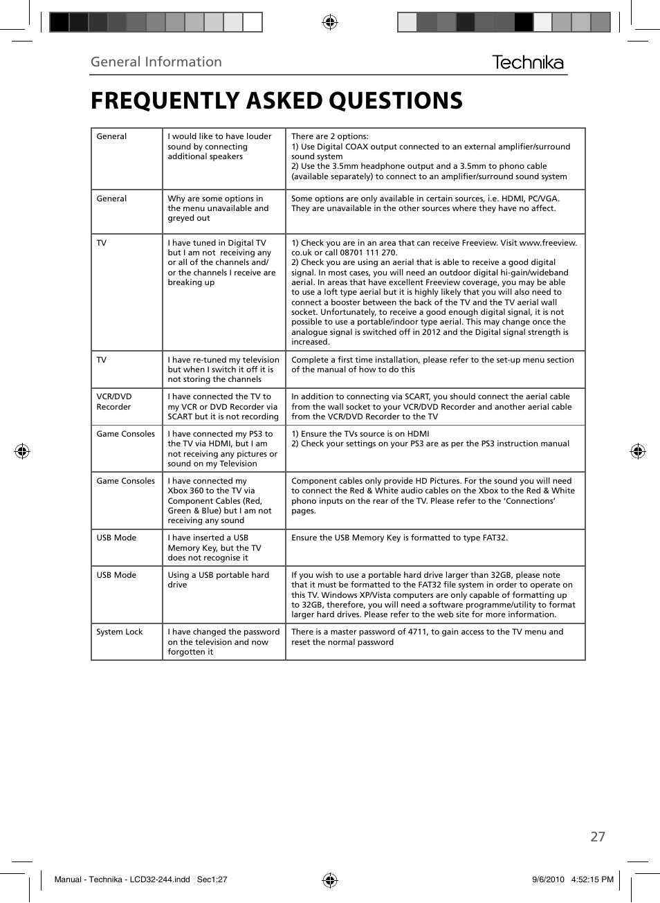 Frequently asked questions, 27 general information | Technika LCD 32-244 User Manual | Page 26 / 31