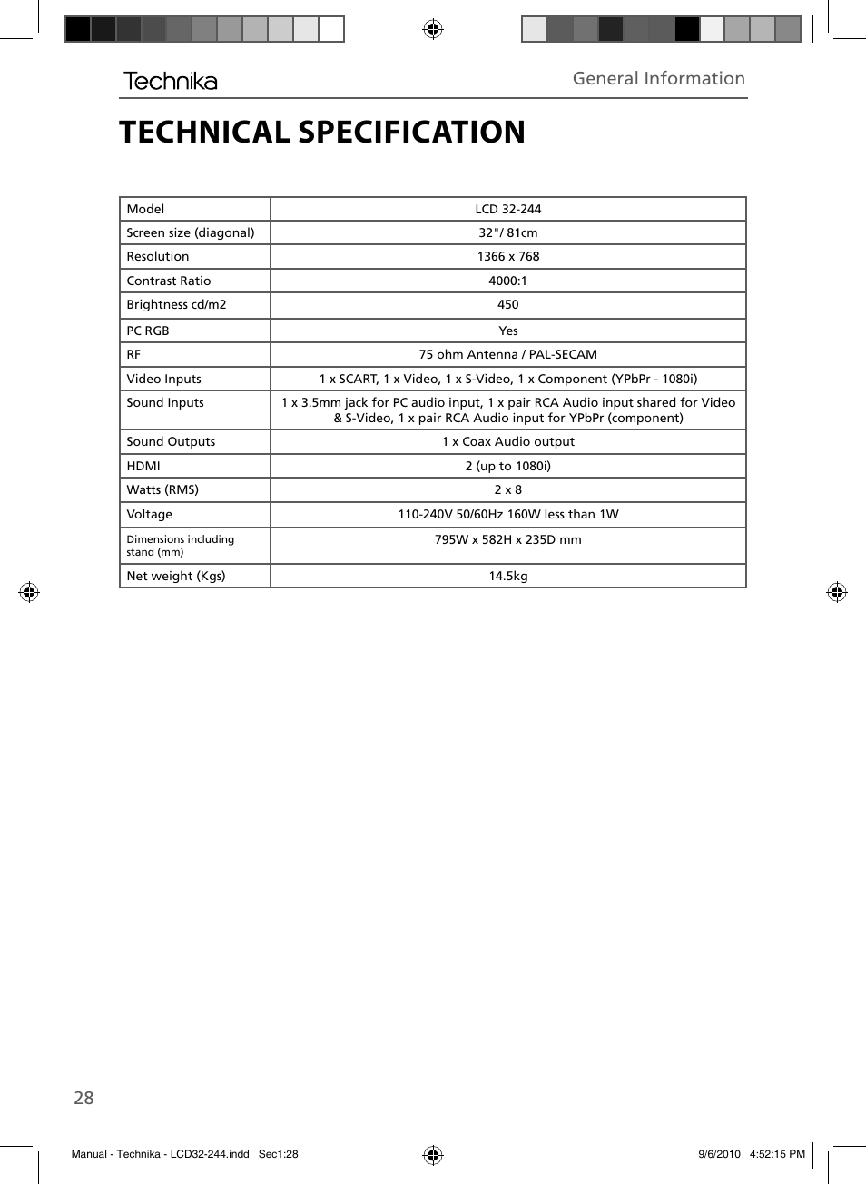 Technical specification, General information | Technika LCD 32-244 User Manual | Page 27 / 31