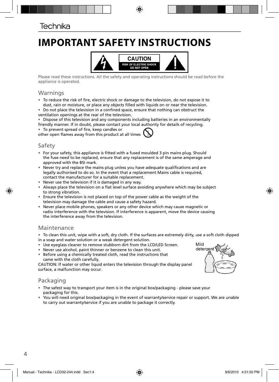 Important safety instructions, Warnings, Safety | Maintenance, Packaging | Technika LCD 32-244 User Manual | Page 3 / 31