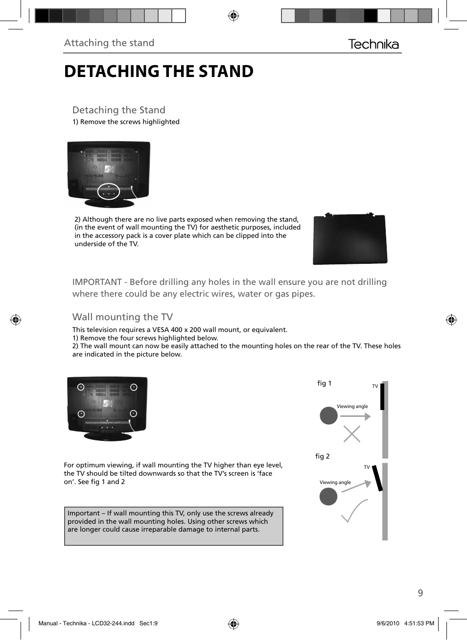 Detaching the stand, 9attaching the stand, Wall mounting the tv | Technika LCD 32-244 User Manual | Page 8 / 31