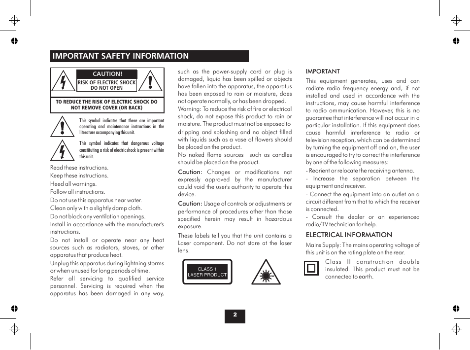 Important safety information | Technika MC123 User Manual | Page 2 / 8