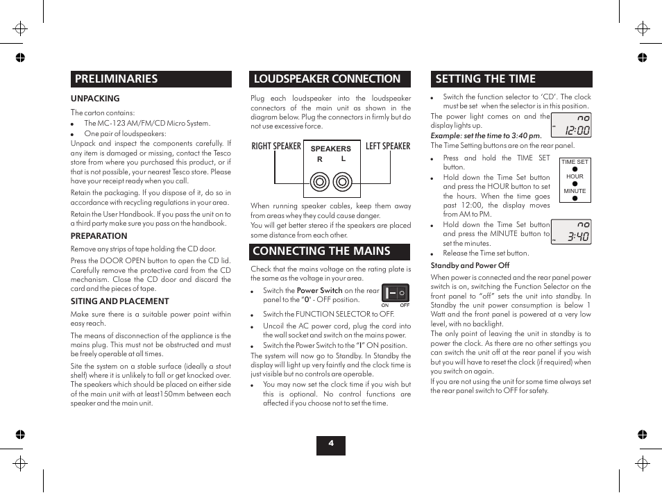 I2 00, Preliminaries remote handset, Loudspeaker connection | Technika MC123 User Manual | Page 4 / 8