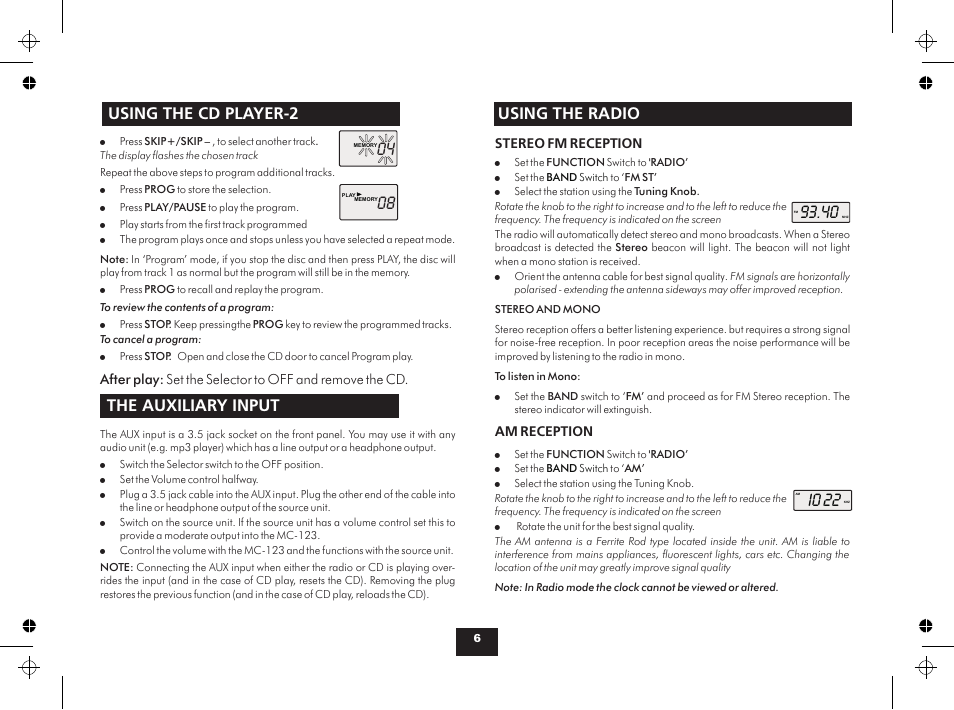 I0 22, Using the radio using the cd player-2, The auxiliary input | Technika MC123 User Manual | Page 6 / 8
