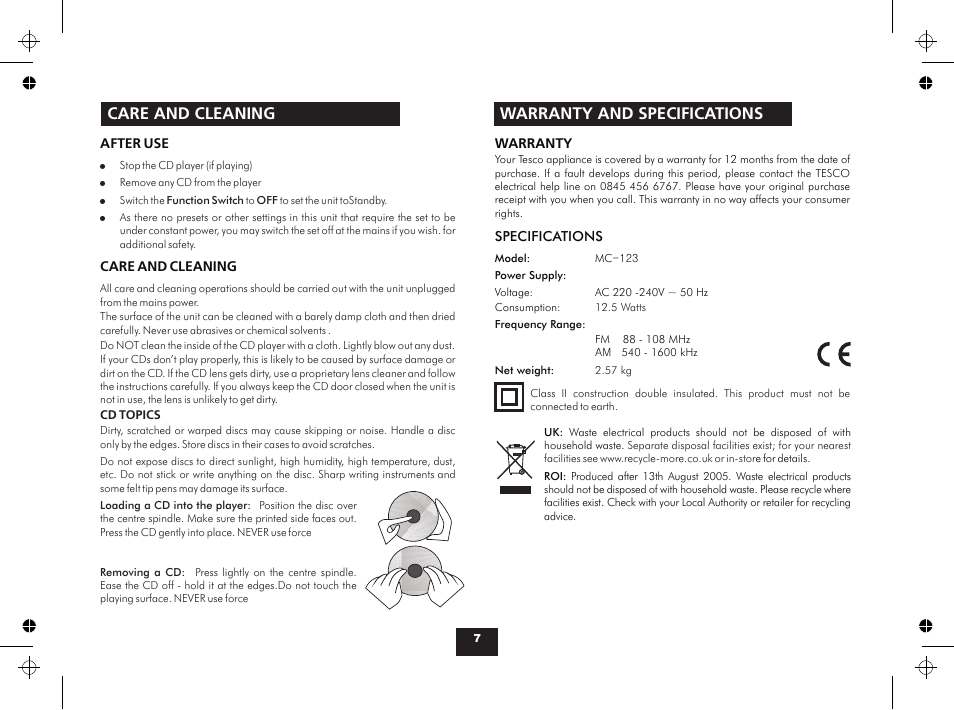 Care and cleaning, Warranty and specifications | Technika MC123 User Manual | Page 7 / 8