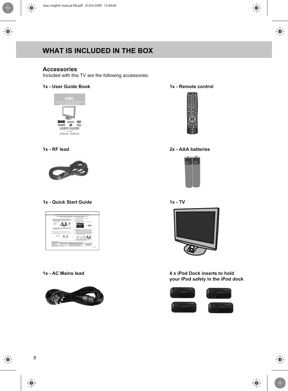 What is included in the box, Accessories | Technika ADVANCED LCD19W-219 User Manual | Page 10 / 52