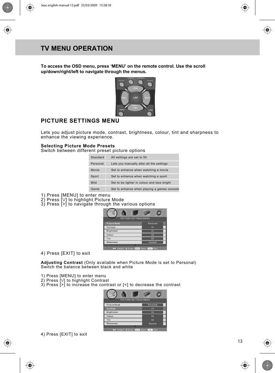 Tv menu operation, Picture settings menu | Technika ADVANCED LCD19W-219 User Manual | Page 15 / 52