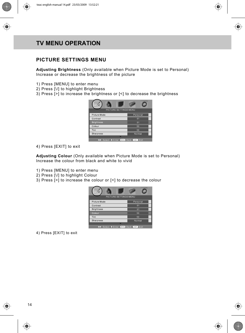 Tv menu operation | Technika ADVANCED LCD19W-219 User Manual | Page 16 / 52