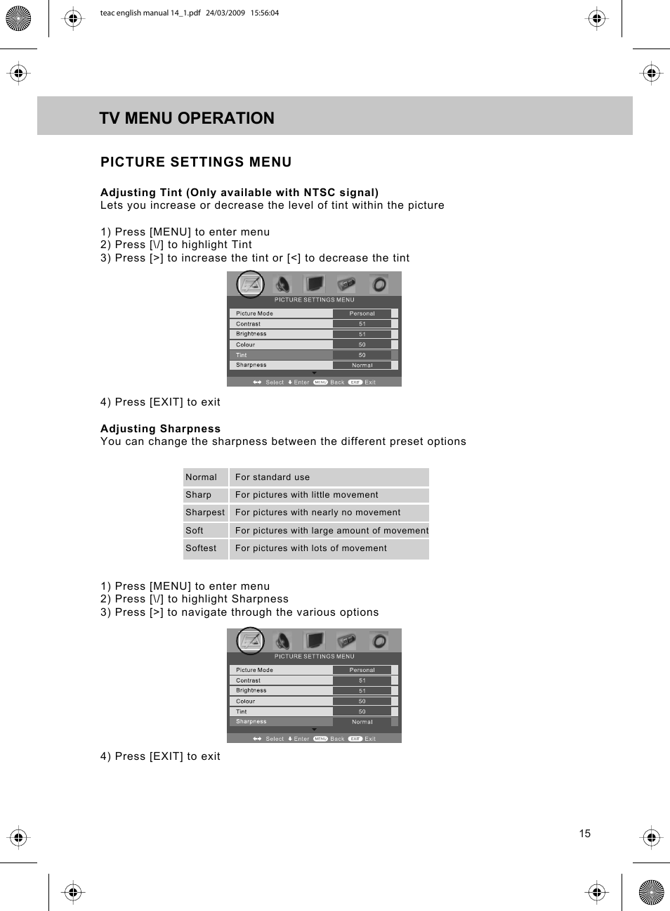 Tv menu operation, Picture settings menu | Technika ADVANCED LCD19W-219 User Manual | Page 17 / 52