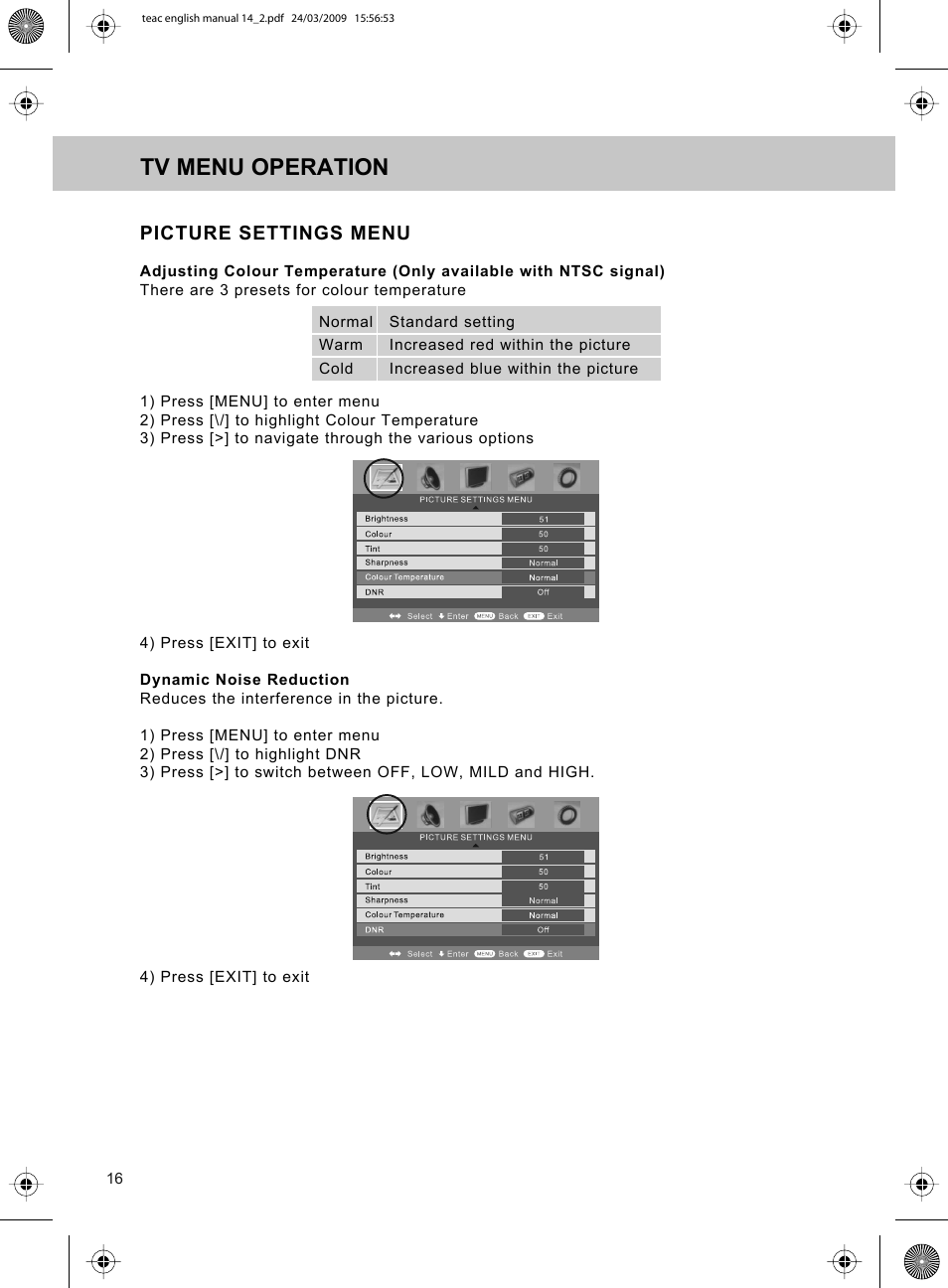 Tv menu operation, Picture settings menu | Technika ADVANCED LCD19W-219 User Manual | Page 18 / 52