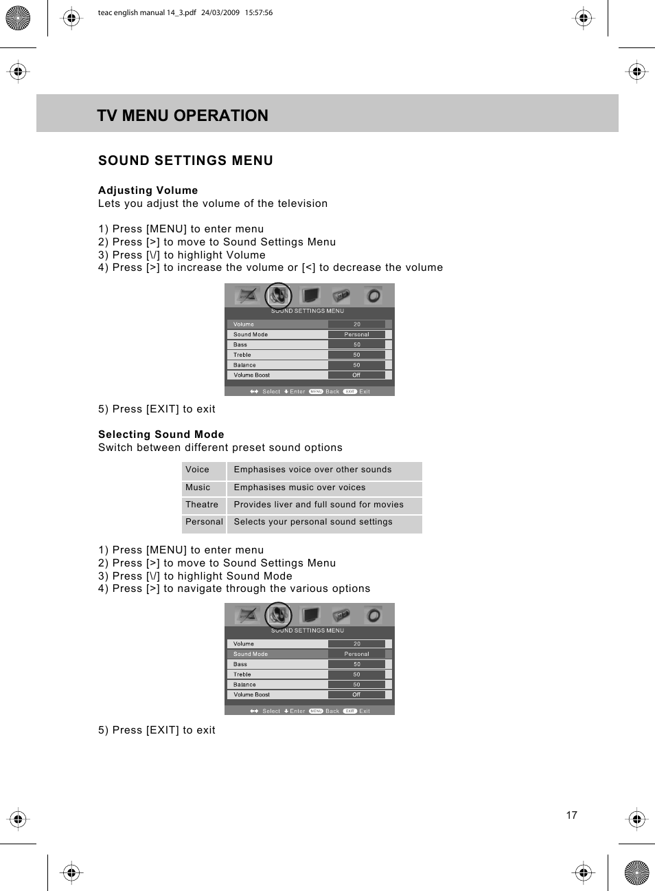 Tv menu operation, Sound settings menu | Technika ADVANCED LCD19W-219 User Manual | Page 19 / 52