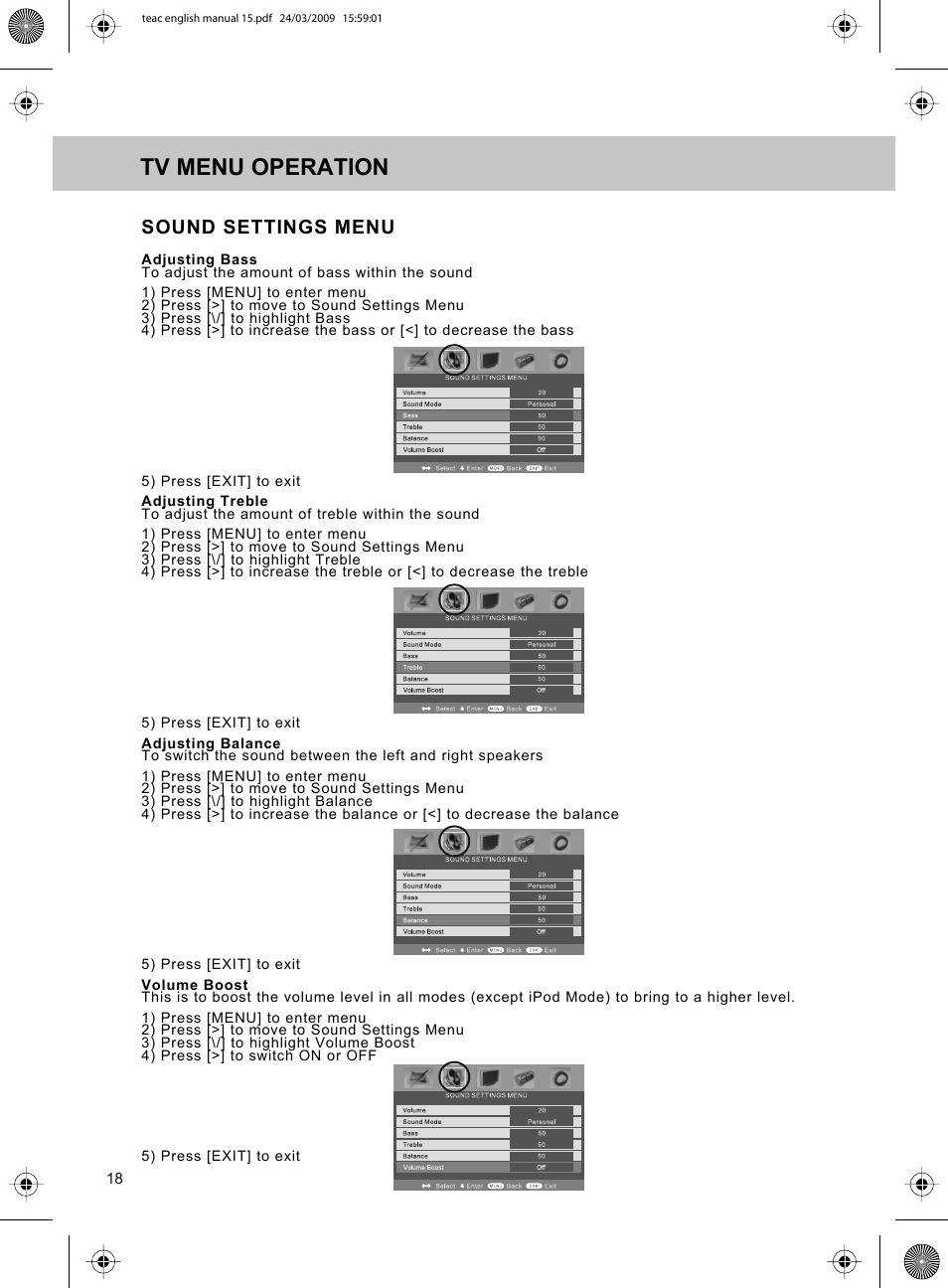 Tv menu operation, Sound settings menu | Technika ADVANCED LCD19W-219 User Manual | Page 20 / 52