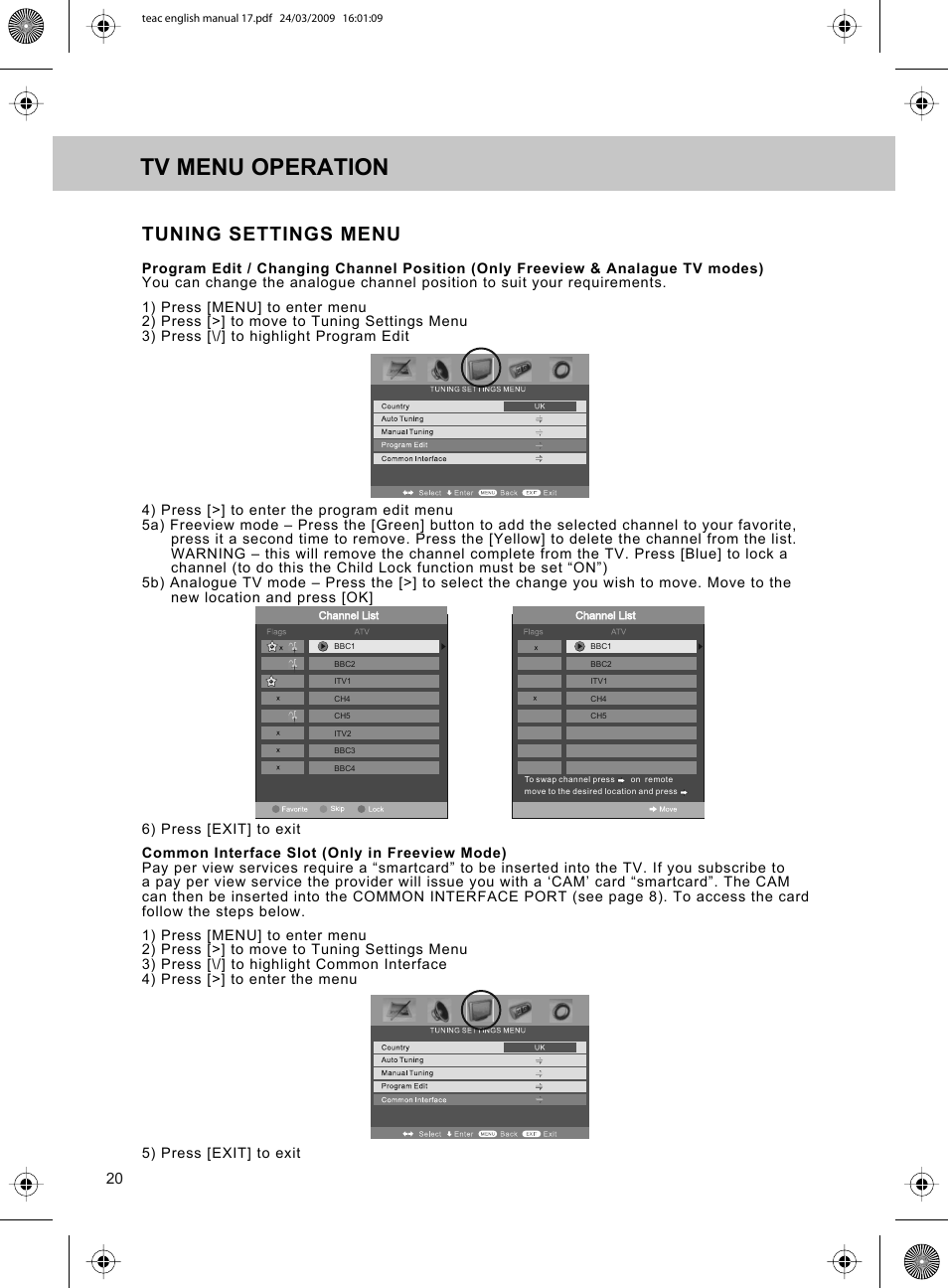 Tv menu operation, Tuning settings menu | Technika ADVANCED LCD19W-219 User Manual | Page 22 / 52