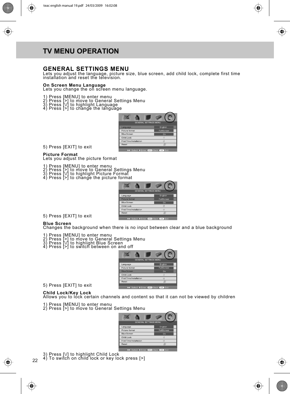 Tv menu operation, General settings menu | Technika ADVANCED LCD19W-219 User Manual | Page 24 / 52