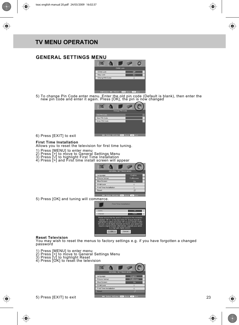 Tv menu operation, General settings menu | Technika ADVANCED LCD19W-219 User Manual | Page 25 / 52