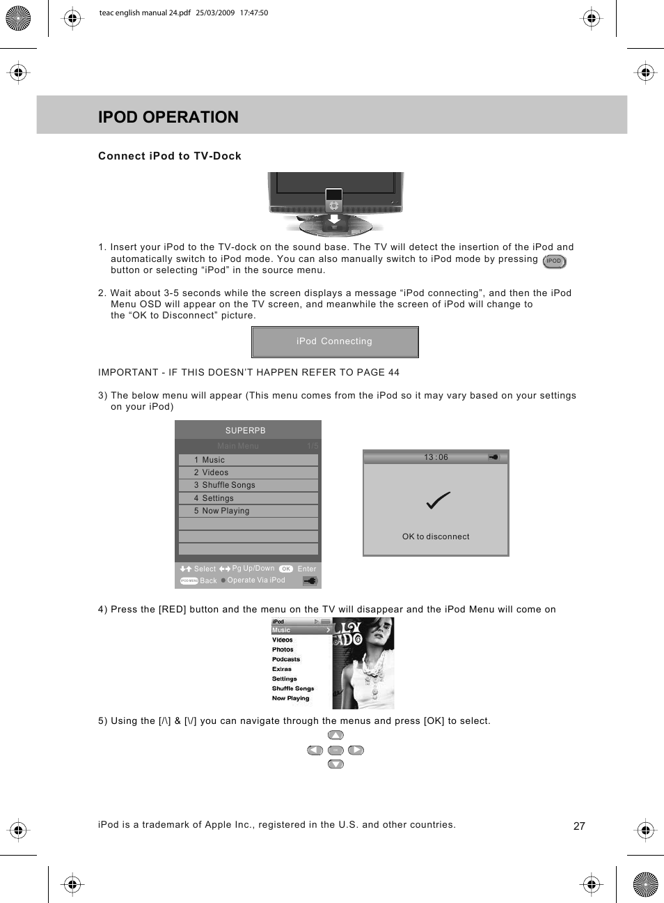 Ipod operation, 27 connect ipod to tv-dock | Technika ADVANCED LCD19W-219 User Manual | Page 29 / 52