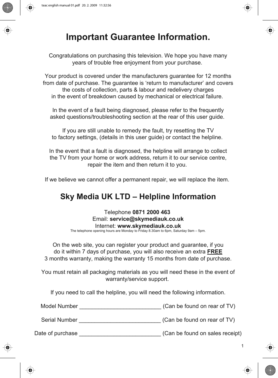 Important guarantee information, Sky media uk ltd – helpline information | Technika ADVANCED LCD19W-219 User Manual | Page 3 / 52