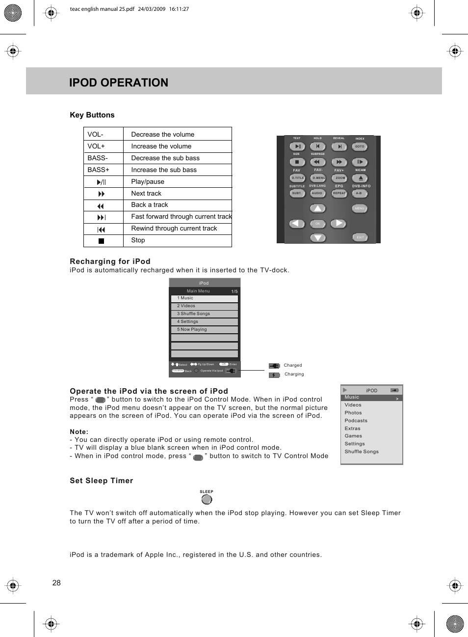 Ipod operation, 28 key buttons recharging for ipod, Operate the ipod via the screen of ipod | Set sleep timer | Technika ADVANCED LCD19W-219 User Manual | Page 30 / 52