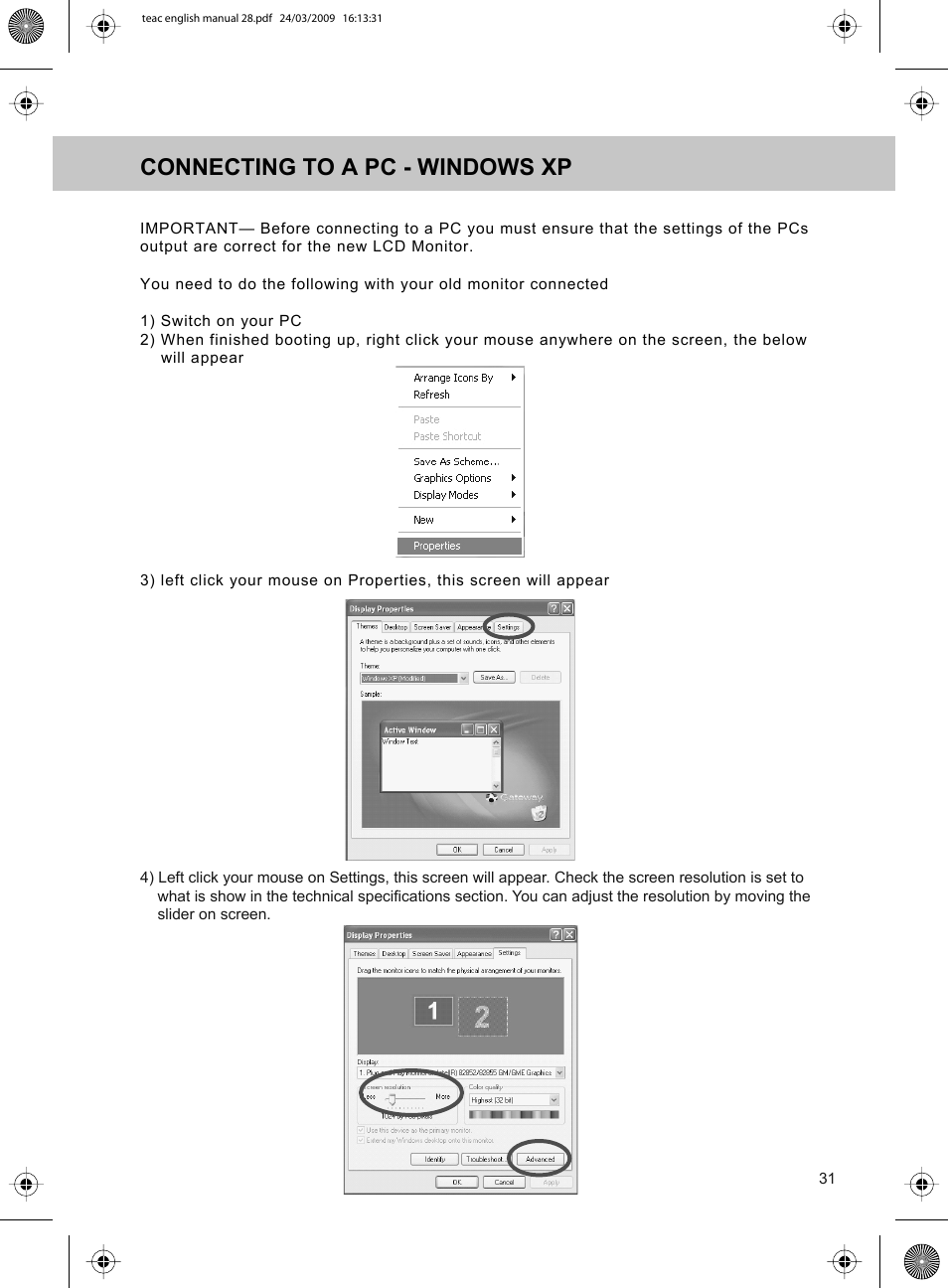 Connecting to a pc - windows xp | Technika ADVANCED LCD19W-219 User Manual | Page 33 / 52