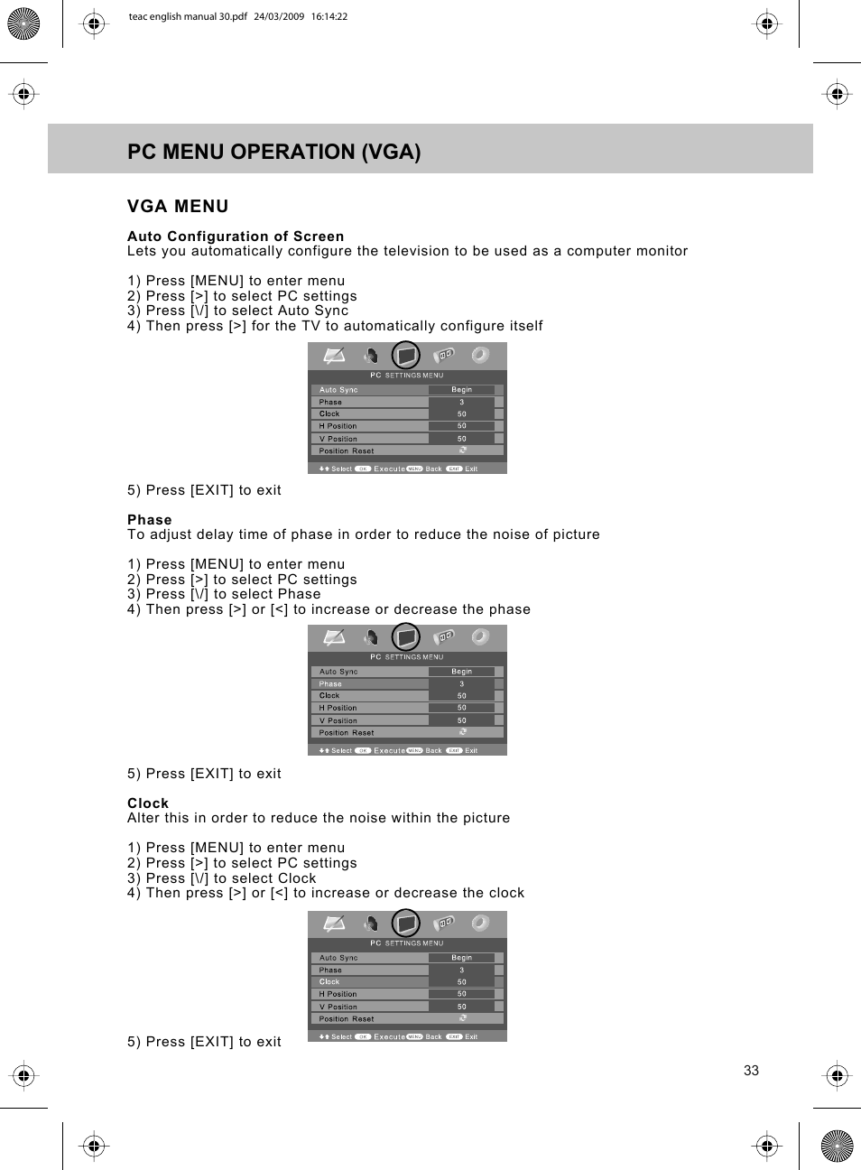 Pc menu operation (vga), Vga menu | Technika ADVANCED LCD19W-219 User Manual | Page 35 / 52