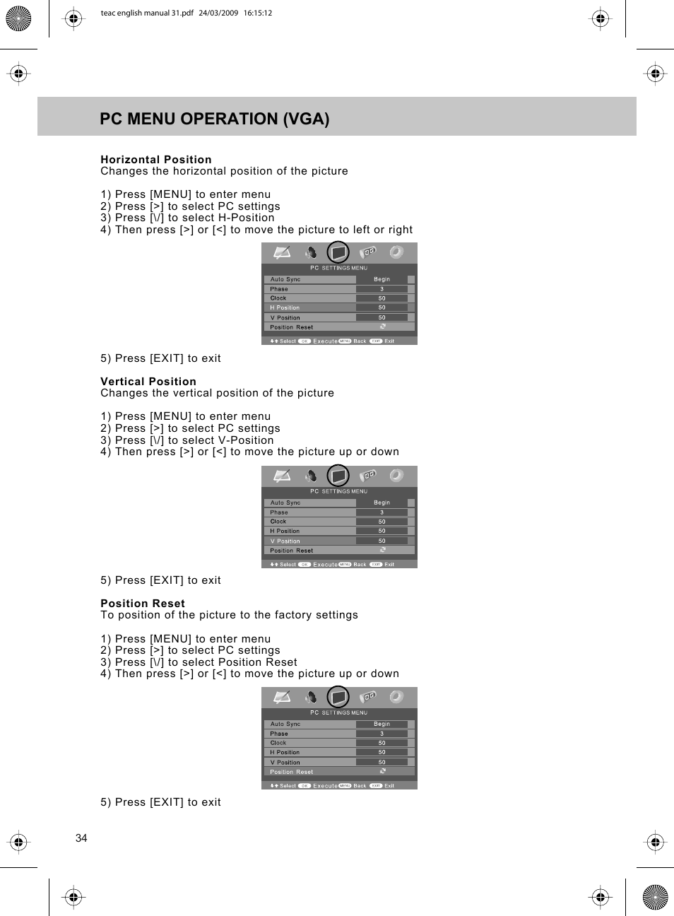 Pc menu operation (vga) | Technika ADVANCED LCD19W-219 User Manual | Page 36 / 52