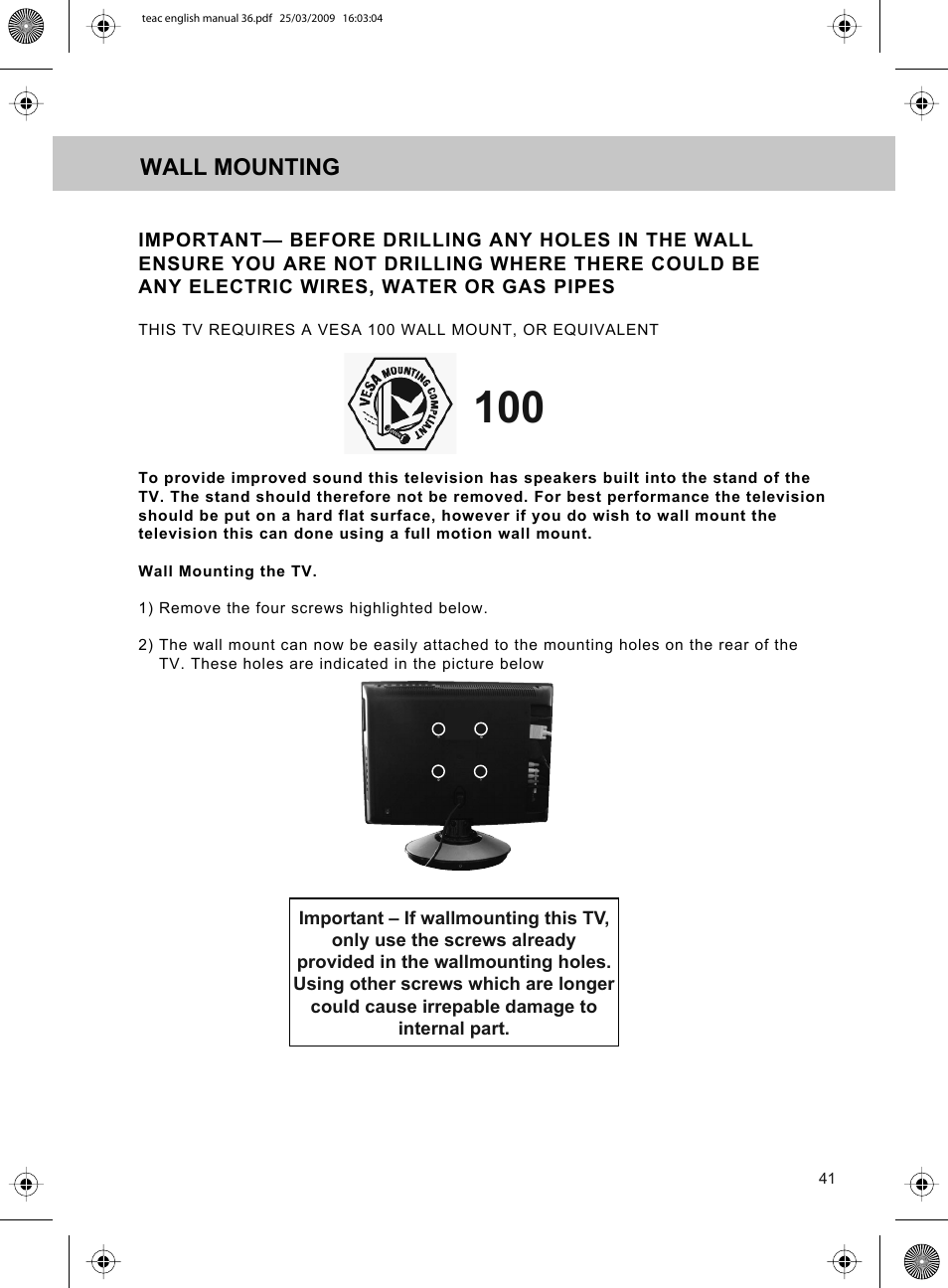 Wall mounting | Technika ADVANCED LCD19W-219 User Manual | Page 43 / 52