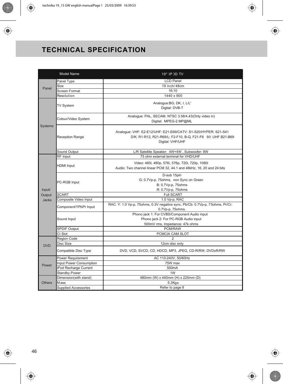 Technical specification | Technika ADVANCED LCD19W-219 User Manual | Page 48 / 52