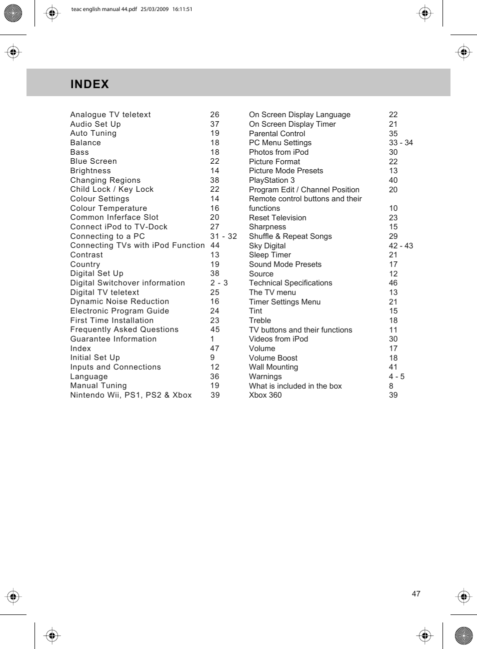 Index | Technika ADVANCED LCD19W-219 User Manual | Page 49 / 52