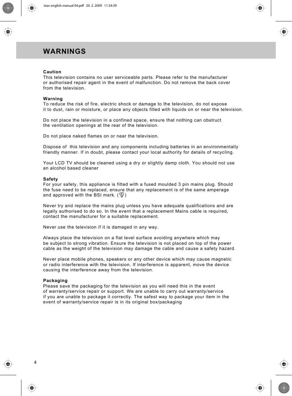 Warnings | Technika ADVANCED LCD19W-219 User Manual | Page 6 / 52