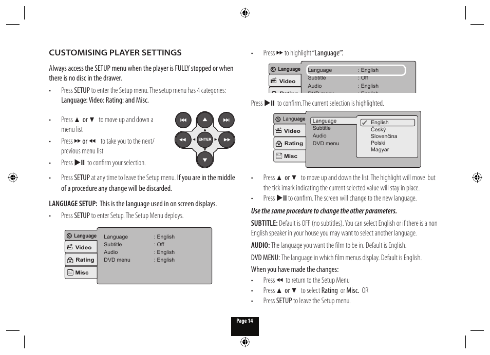Customising player settings | Technika DPDVD7 User Manual | Page 16 / 24
