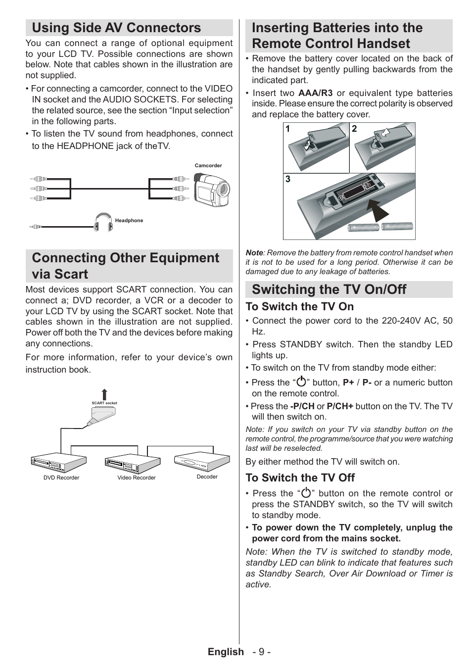 Using side av connectors, Connecting other equipment via scart, Switching the tv on/off | Technika 32-2010 User Manual | Page 10 / 31