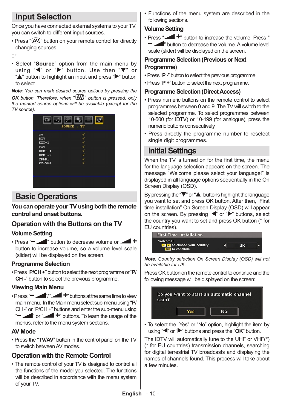 Input selection, Basic operations, Initial settings | Operation with the buttons on the tv, Operation with the remote control | Technika 32-2010 User Manual | Page 11 / 31