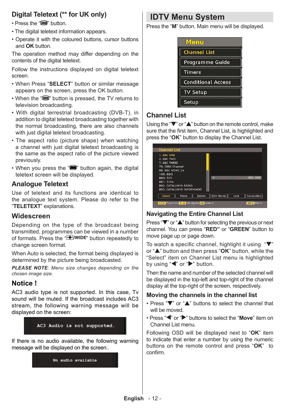 Idtv menu system, Digital teletext (** for uk only), Analogue teletext | Widescreen, Notice, Channel list | Technika 32-2010 User Manual | Page 13 / 31