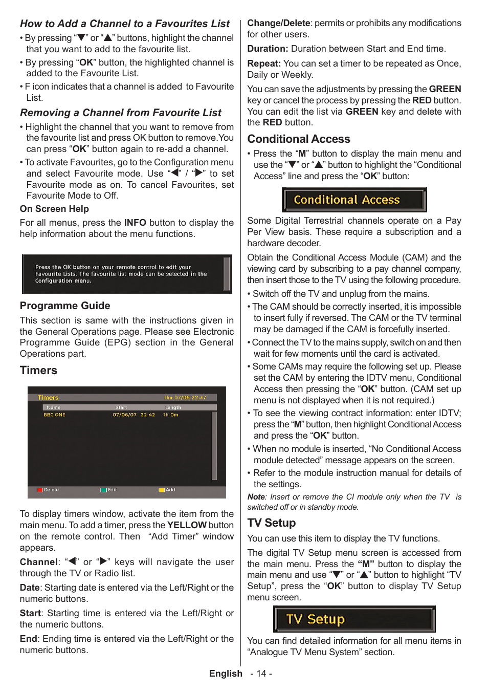 Timers, Conditional access, Tv setup | Technika 32-2010 User Manual | Page 15 / 31