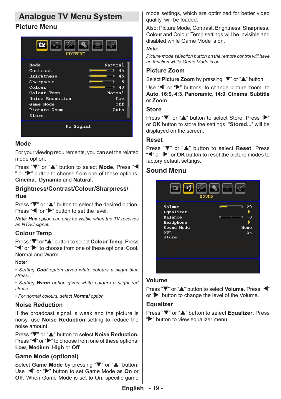 Analogue tv menu system, Picture menu, Sound menu | Technika 32-2010 User Manual | Page 20 / 31