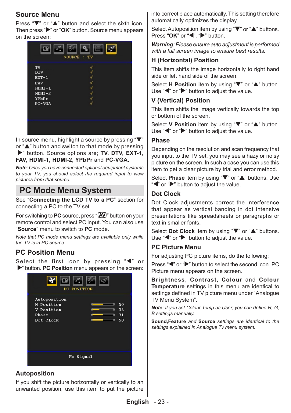 Pc mode menu system, Source menu, Pc position menu | Technika 32-2010 User Manual | Page 24 / 31