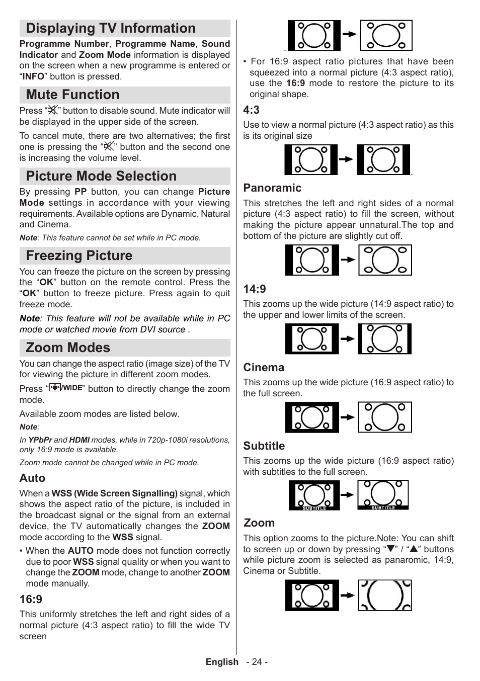 Displaying tv information, Mute function, Picture mode selection | Freezing picture, Zoom modes | Technika 32-2010 User Manual | Page 25 / 31