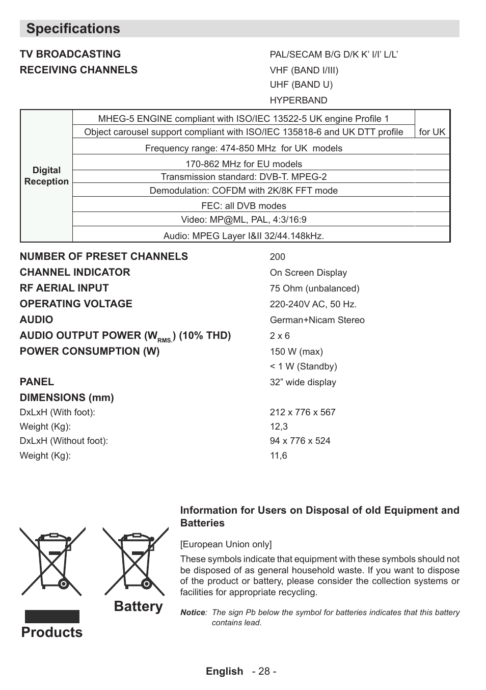 Products battery, Specifications | Technika 32-2010 User Manual | Page 29 / 31