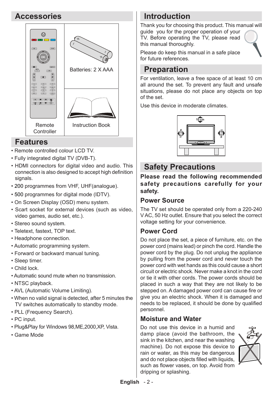 Accessories, Features, Introduction | Preparation, Safety precautions, Power source, Power cord, Moisture and water, English - 2 | Technika 32-2010 User Manual | Page 3 / 31