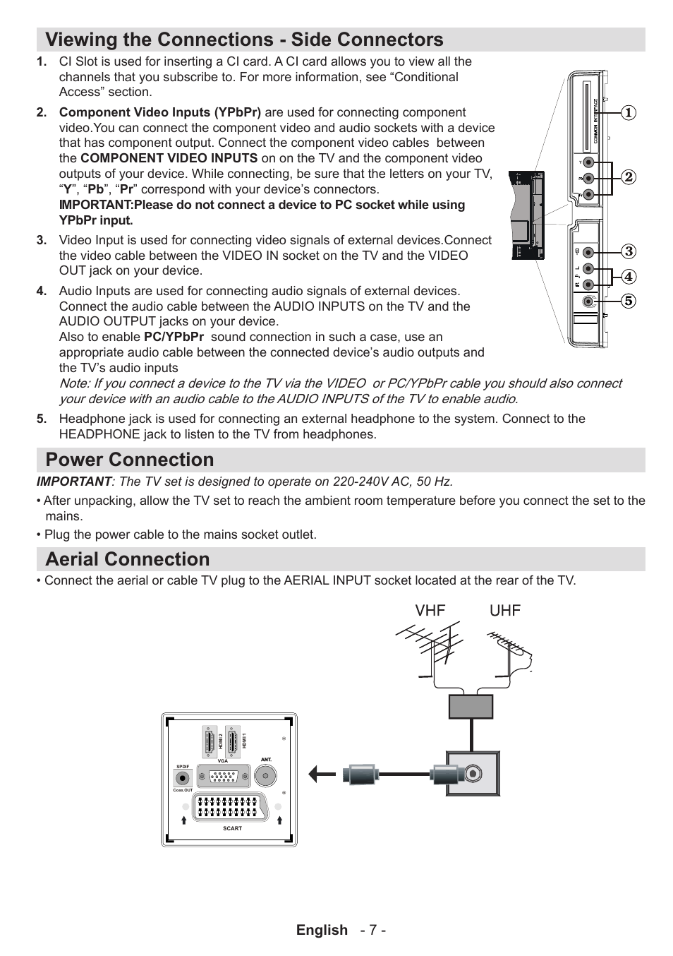 Viewing the connections - side connectors, Power connection, Aerial connection | English - 7 | Technika 32-2010 User Manual | Page 8 / 31