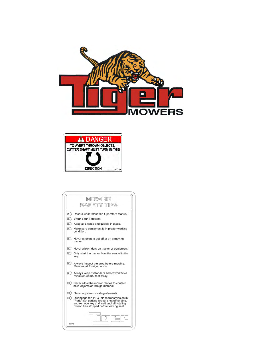 Safety | Tiger Mowers SIDE FLAIL ASEMBLIES JD 5085M-105M User Manual | Page 19 / 206