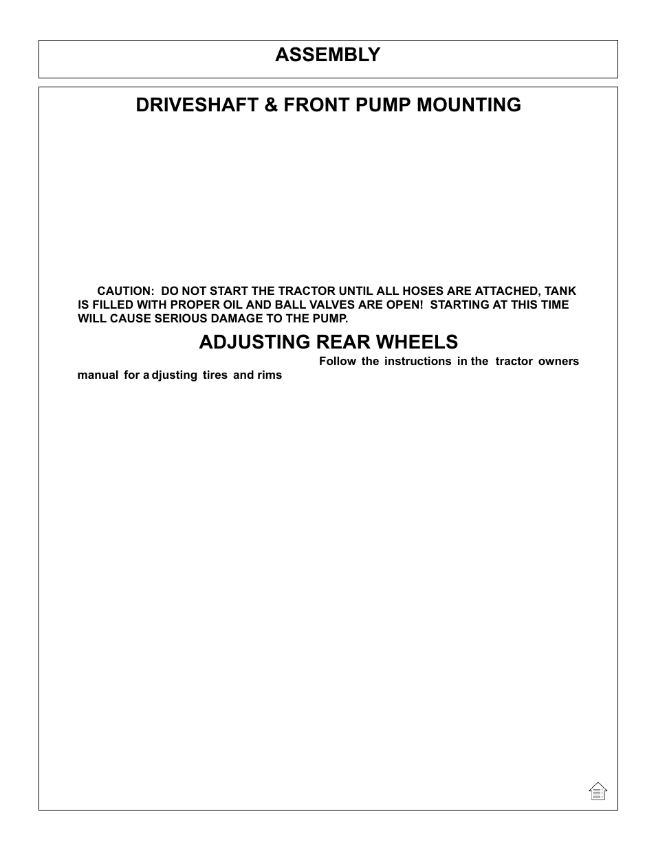 Assembly, Driveshaft & front pump mounting, Adjusting rear wheels | Tiger Mowers SIDE FLAIL ASEMBLIES JD 5085M-105M User Manual | Page 31 / 206