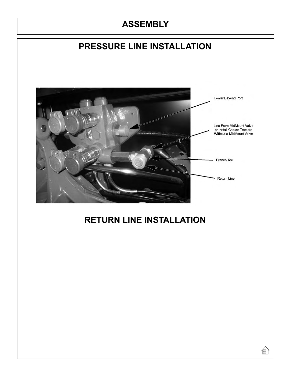 Assembly, Pressure line installation, Return line installation | Tiger Mowers SIDE FLAIL ASEMBLIES JD 5085M-105M User Manual | Page 36 / 206