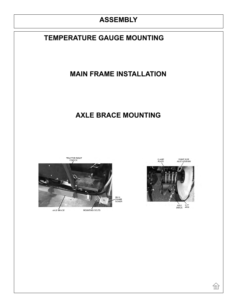Assembly, Temperature gauge mounting, Main frame installation | Axle brace mounting | Tiger Mowers SIDE FLAIL ASEMBLIES JD 5085M-105M User Manual | Page 42 / 206