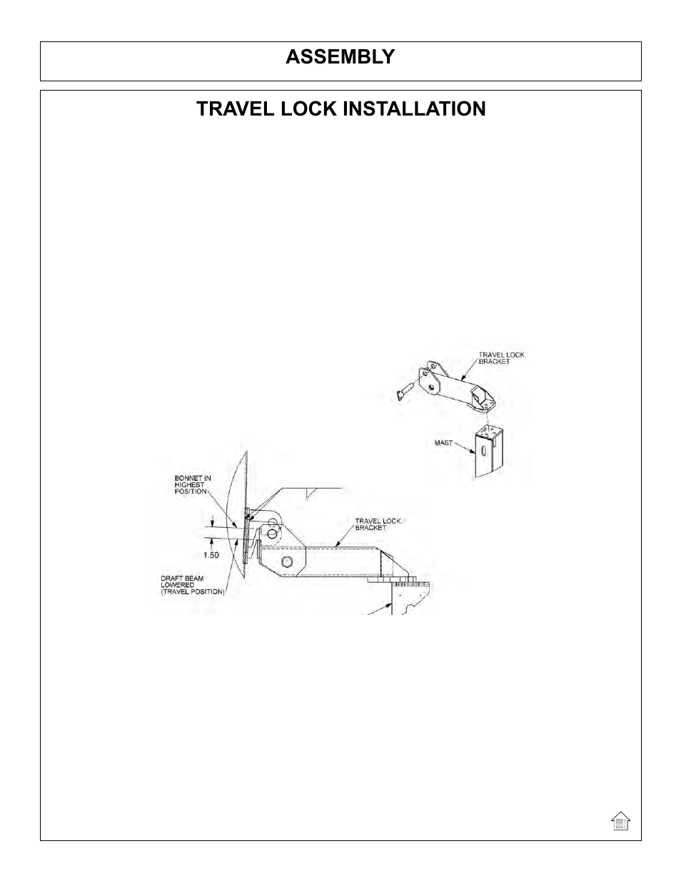 Assembly, Travel lock installation | Tiger Mowers SIDE FLAIL ASEMBLIES JD 5085M-105M User Manual | Page 49 / 206